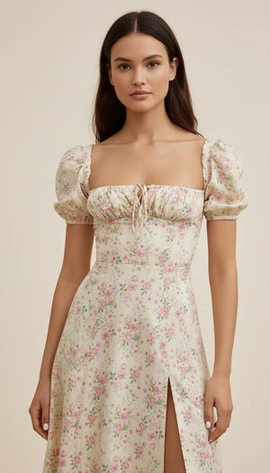 Robe Corsetée Fleurie Ivoire Fendue - Vue principale