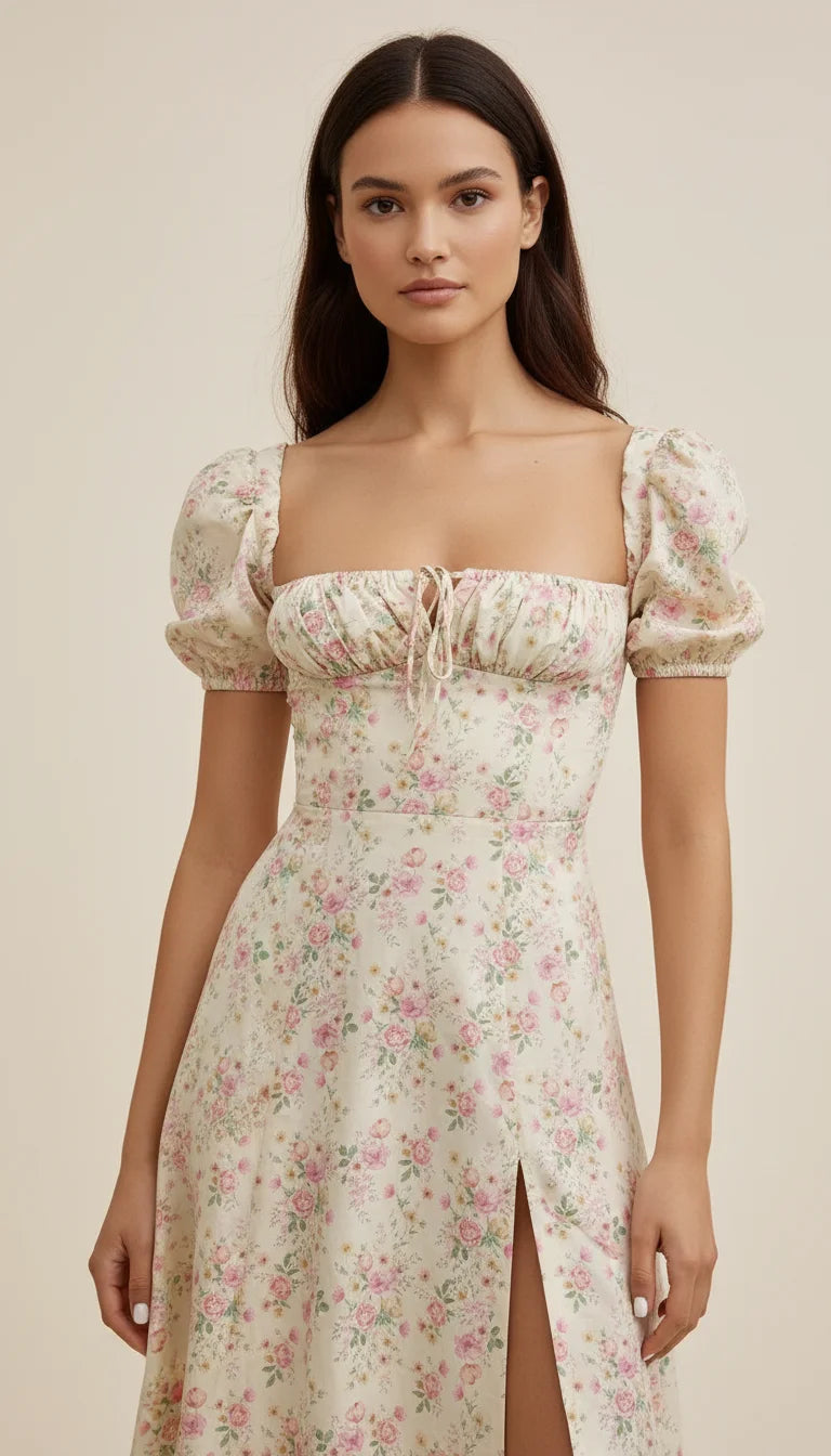Robe Corsetée Fleurie Ivoire Fendue - Vue principale