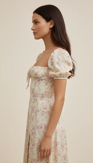 Robe Corsetée Fleurie Ivoire Fendue - Vue profil