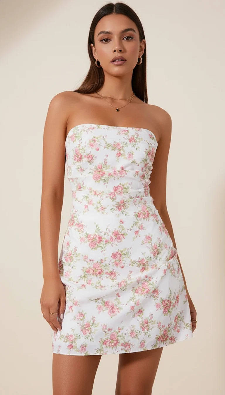 Robe Corsetée Fleurie Roses Poudrées - Vue principale