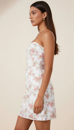Robe Corsetée Fleurie Roses Poudrées - Vue profil