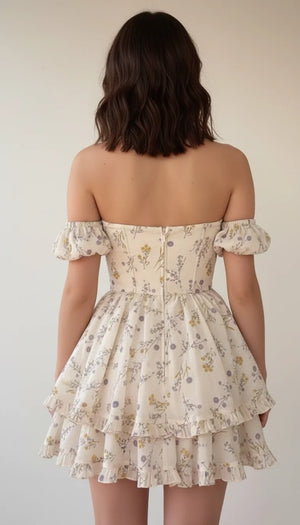 Robe Corsetée Fleurie Volants Crème - Vue dos