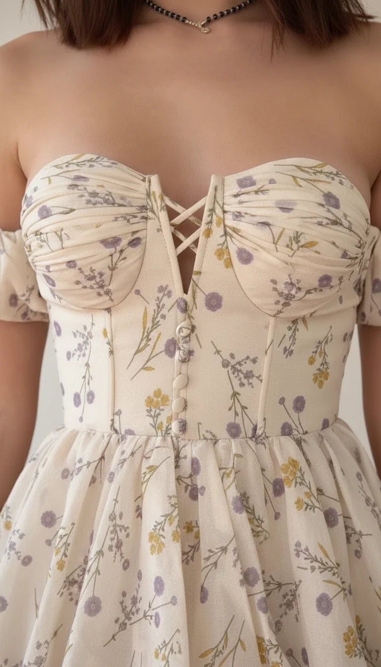 Robe Corsetée Fleurie Volants Crème - Vue face