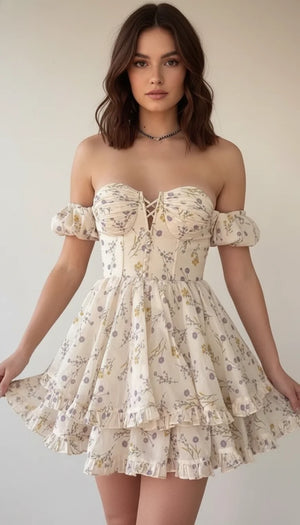 Robe Corsetée Fleurie Volants Crème - Vue principale