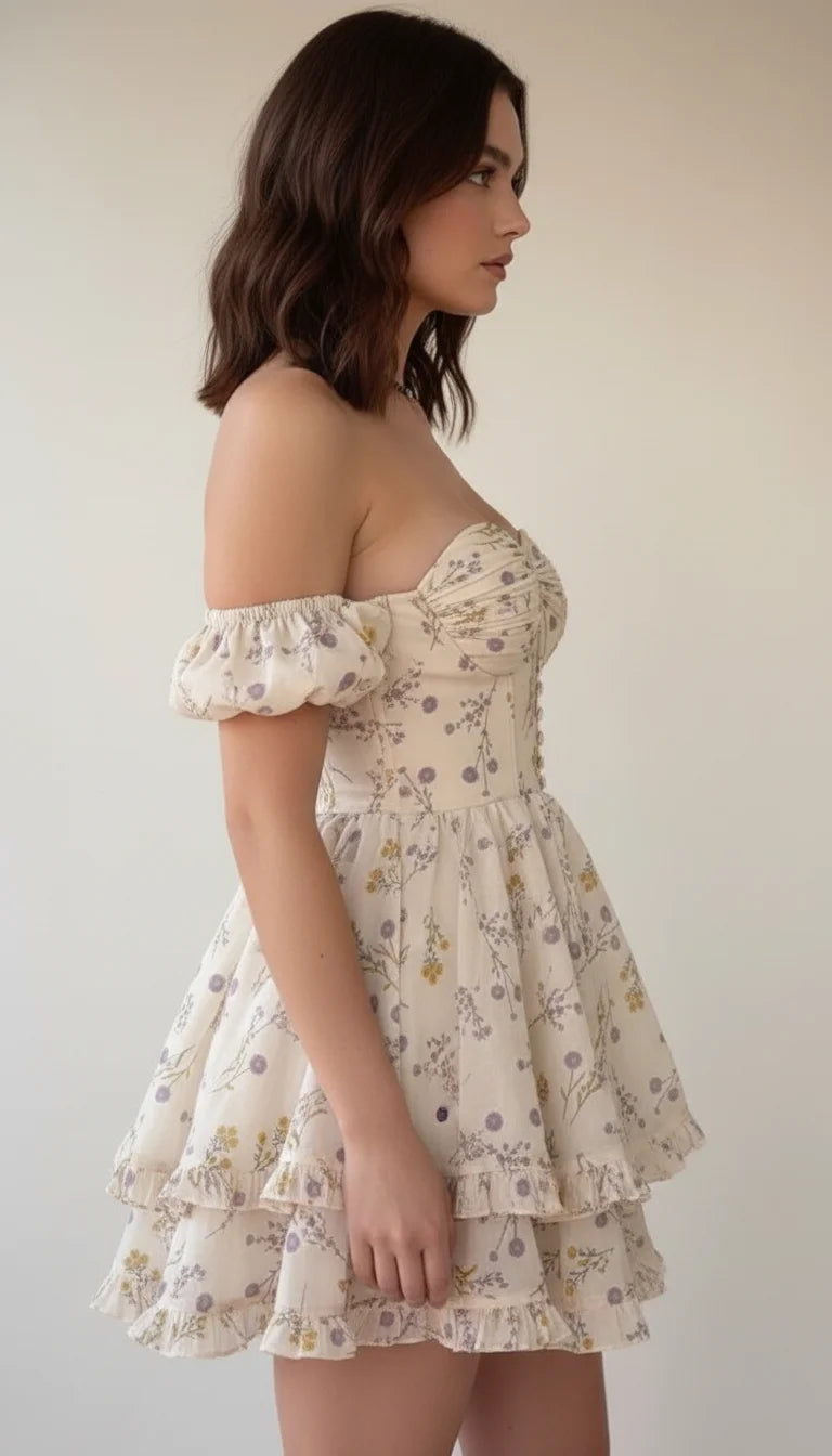 Robe Corsetée Fleurie Volants Crème - Vue profil