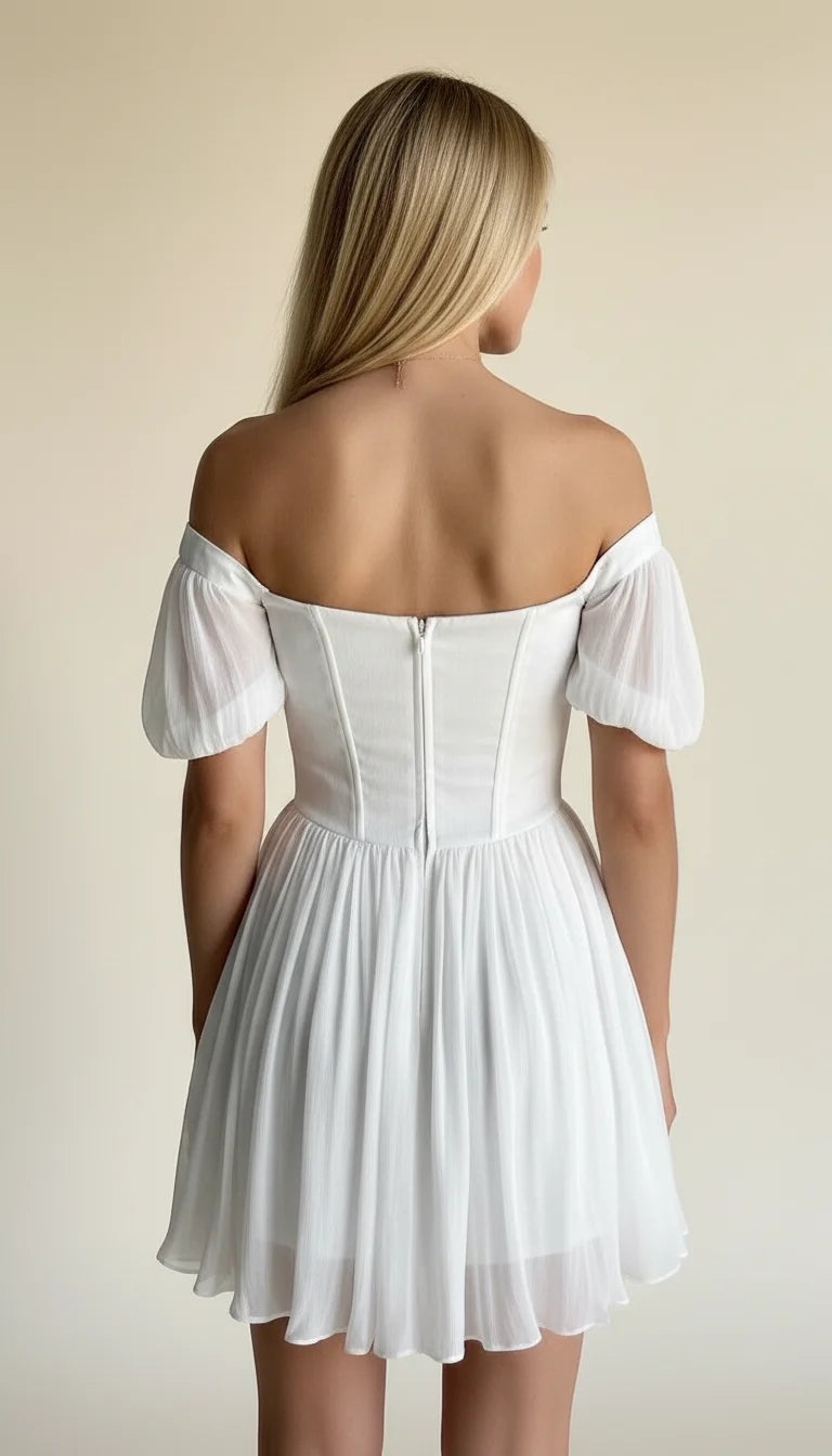 Robe Corsetée Manches Bouffantes Blanc Pur - Vue dos