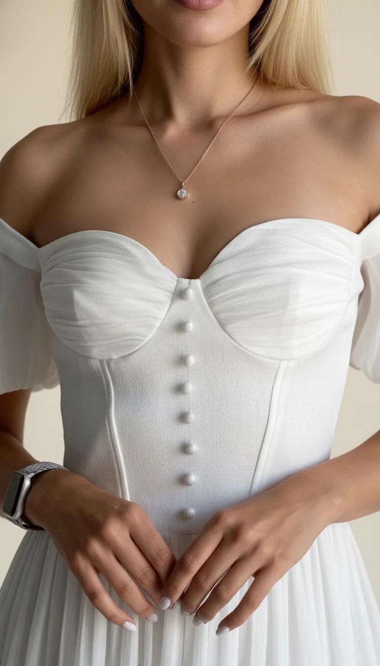Robe Corsetée Manches Bouffantes Blanc Pur - Vue face