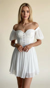 Robe Corsetée Manches Bouffantes Blanc Pur