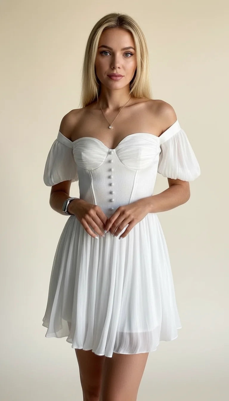 Robe Corsetée Manches Bouffantes Blanc Pur