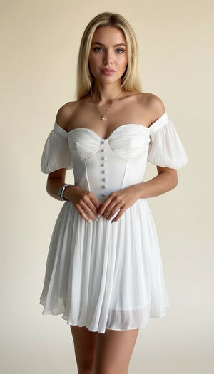 Robe Corsetée Manches Bouffantes Blanc Pur - Vue principale