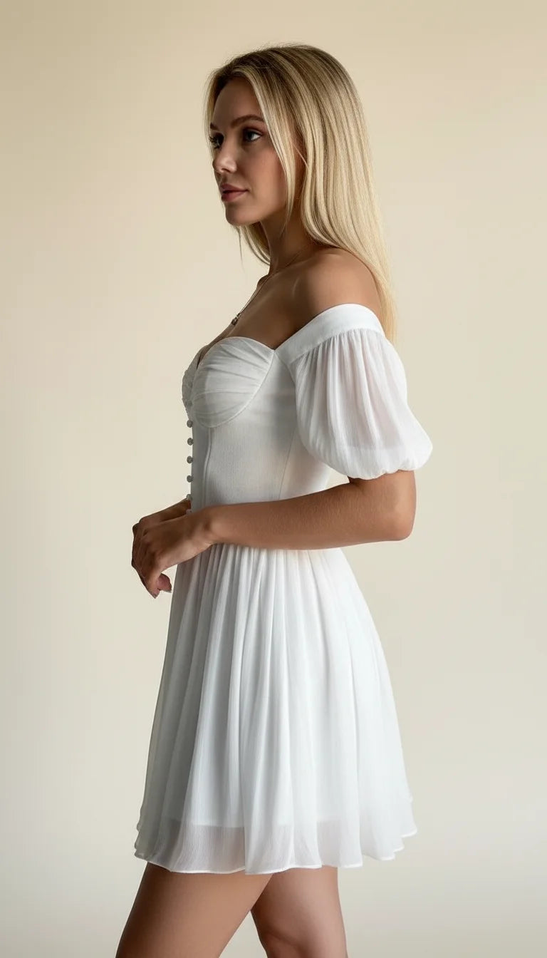Robe Corsetée Manches Bouffantes Blanc Pur - Vue profil