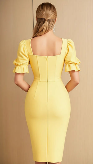 Robe Corsetée Manches Bouffantes Jaune Mimosa - Vue dos