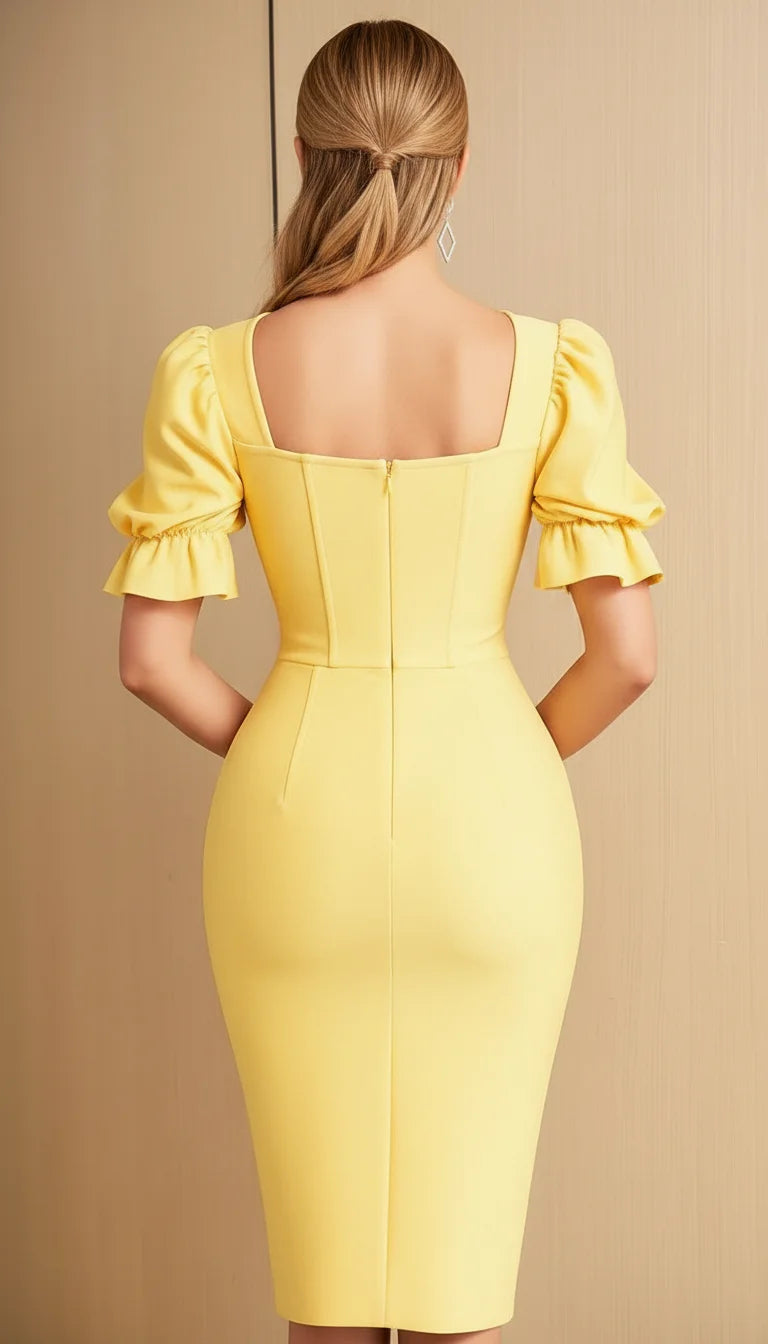 Robe Corsetée Manches Bouffantes Jaune Mimosa - Vue dos