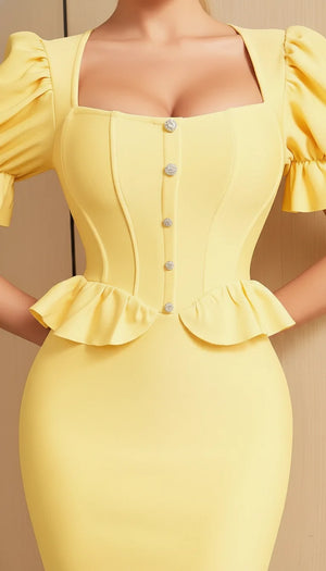 Robe Corsetée Manches Bouffantes Jaune Mimosa - Vue face
