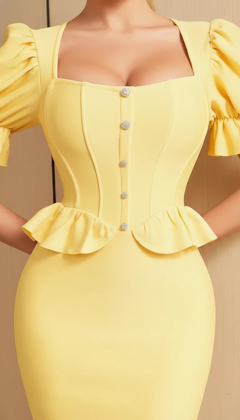 Robe Corsetée Manches Bouffantes Jaune Mimosa - Vue face