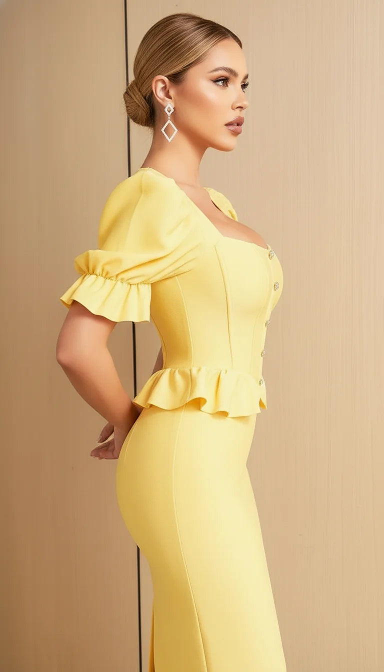 Robe Corsetée Manches Bouffantes Jaune Mimosa - Vue profil