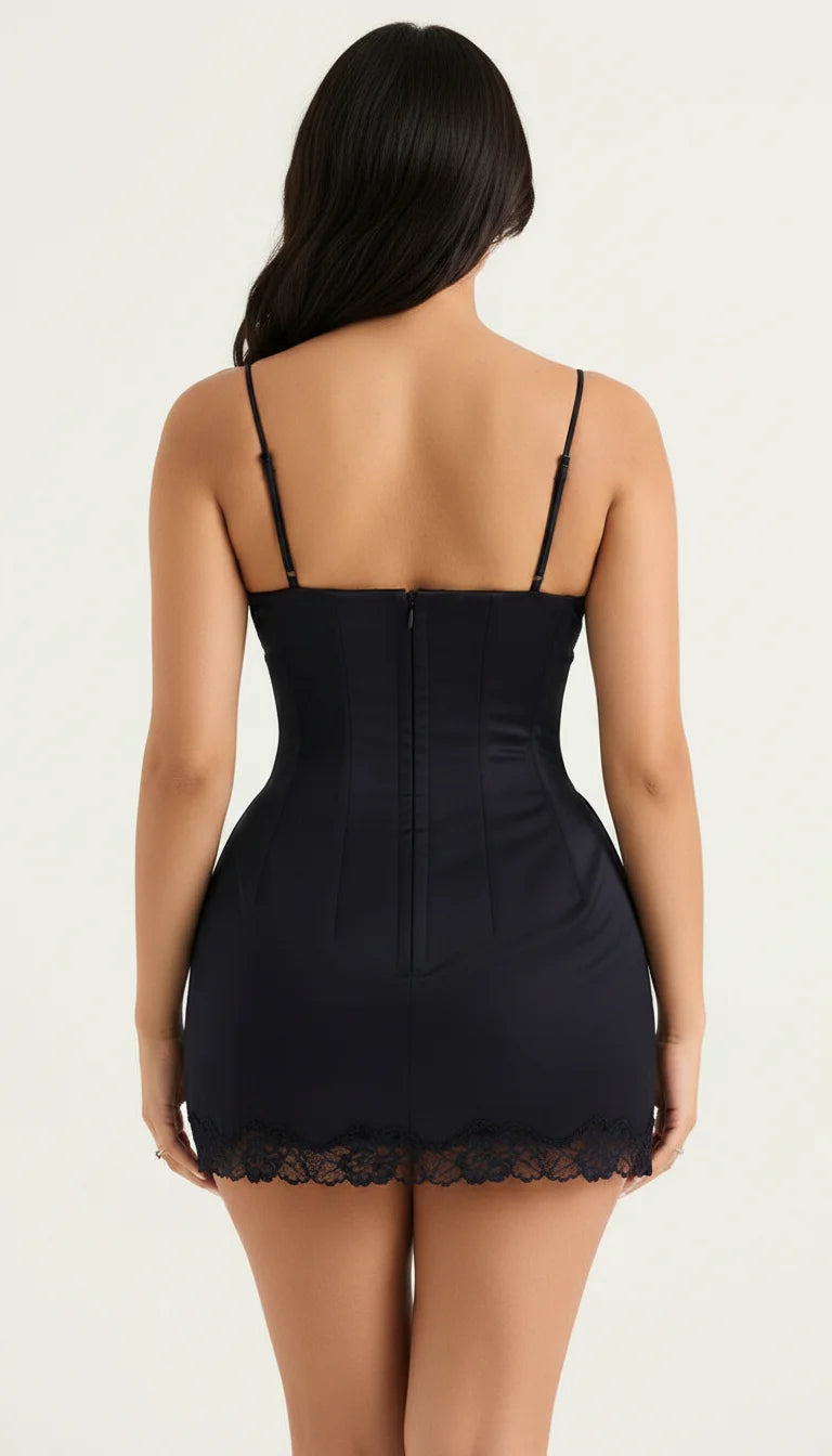 Robe Corsetée Satin Bleu Nuit - Vue dos