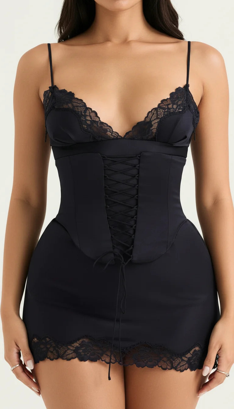 Robe Corsetée Satin Bleu Nuit - Vue face