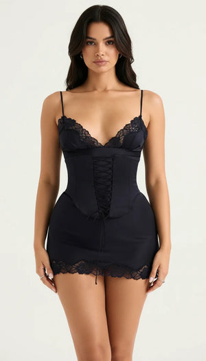 Robe Corsetée Satin Bleu Nuit - Vue principale