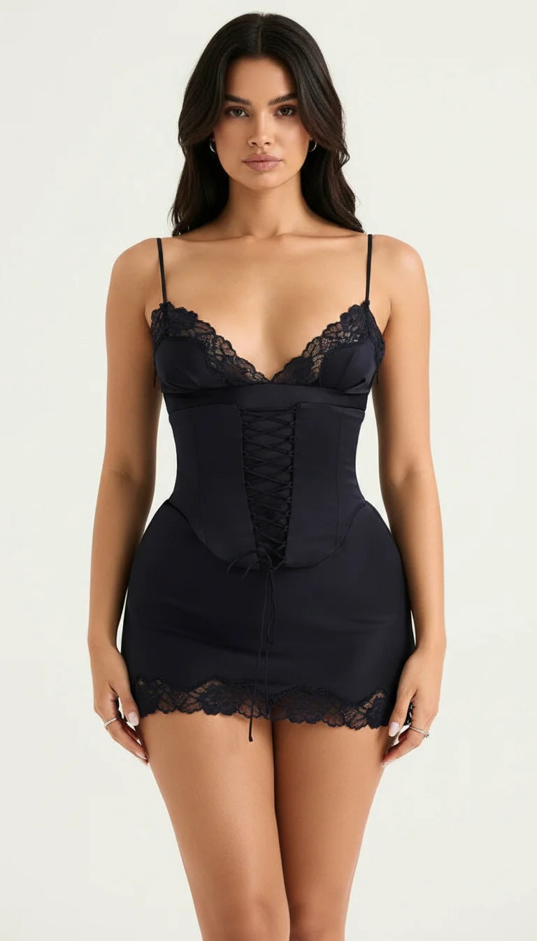 Robe Corsetée Satin Bleu Nuit - Vue principale