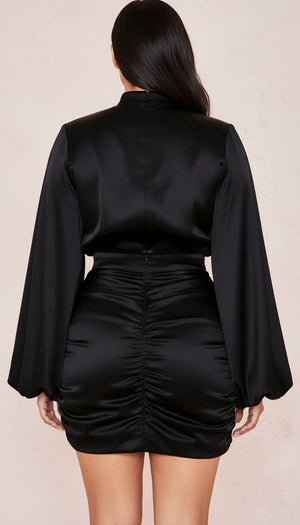 Robe Corsetée Satin Manches Ballon Noire - Vue dos
