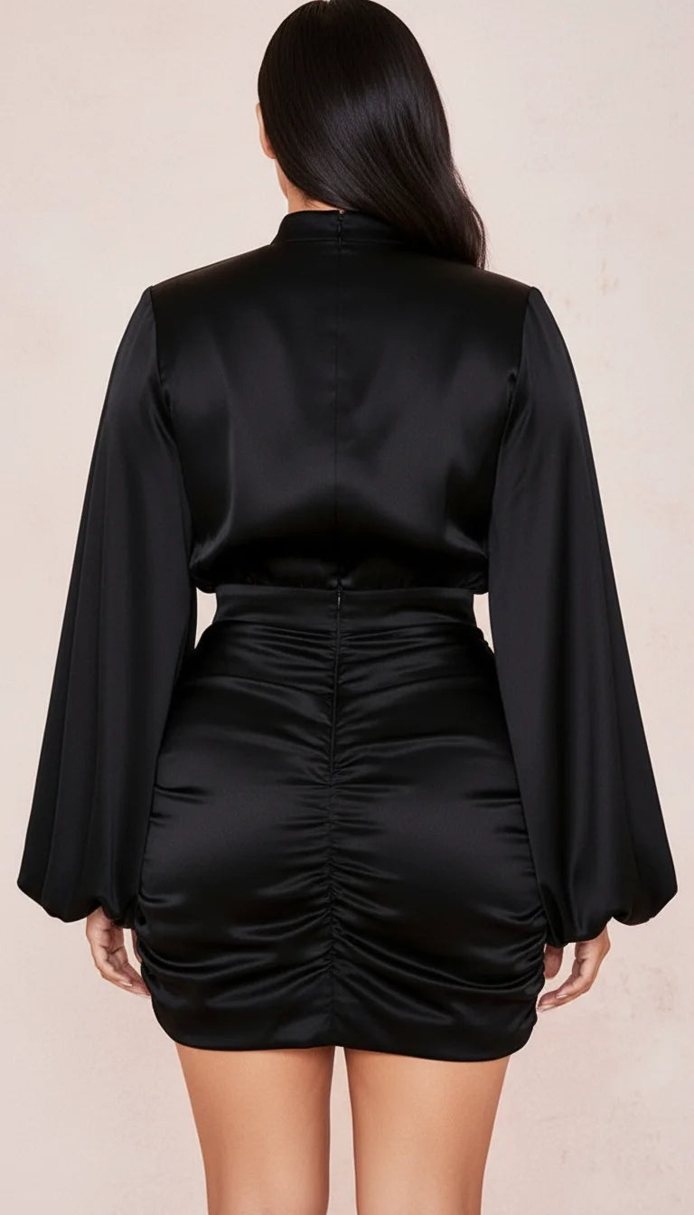 Robe Corsetée Satin Manches Ballon Noire - Vue dos