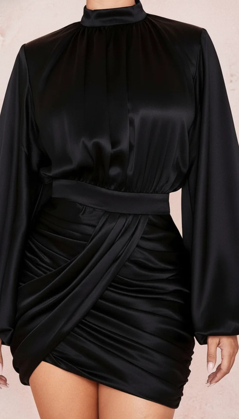 Robe Corsetée Satin Manches Ballon Noire - Vue face