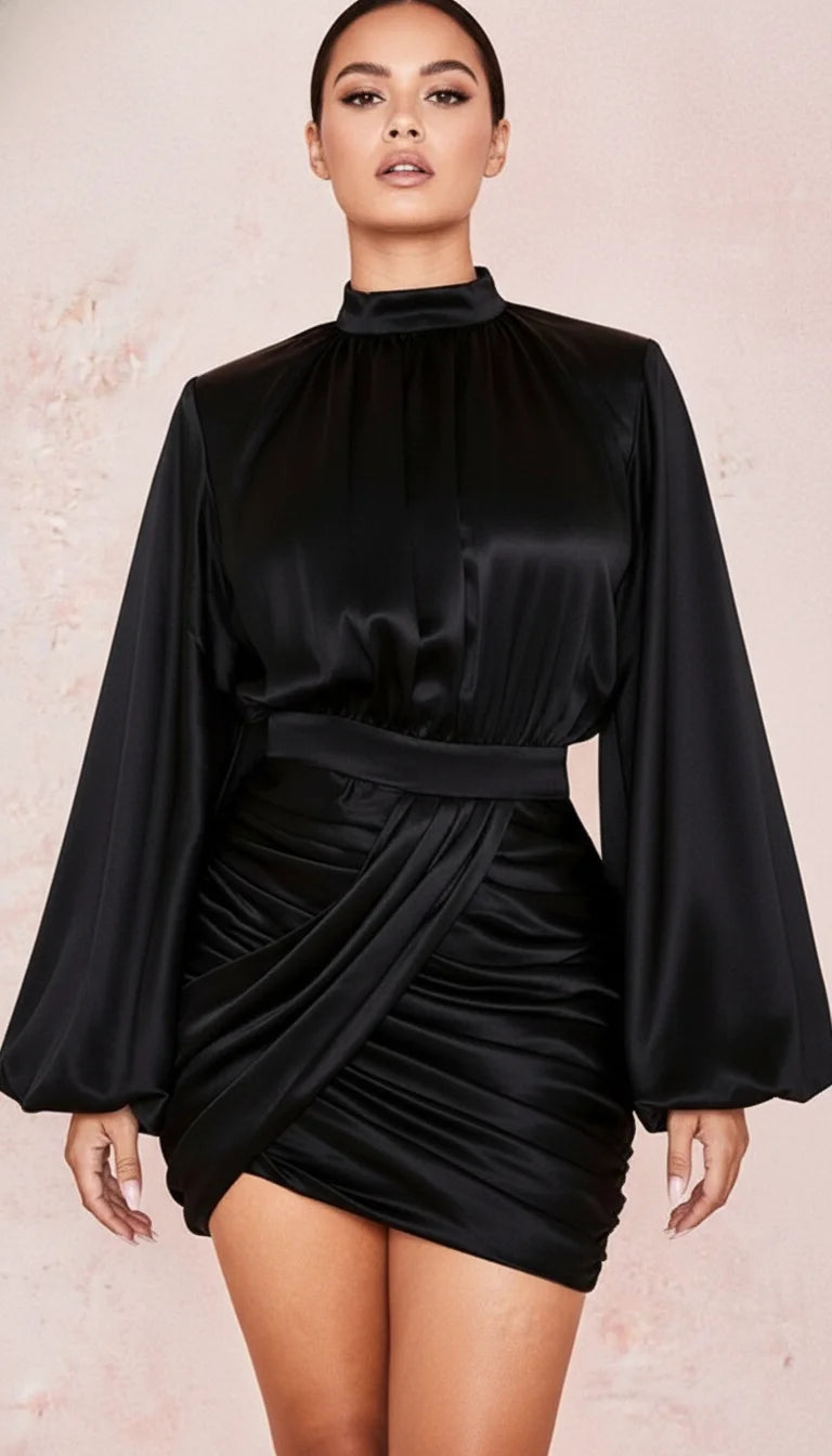 Robe Corsetée Satin Manches Ballon Noire - Vue principale