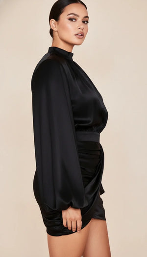 Robe Corsetée Satin Manches Ballon Noire - Vue profil