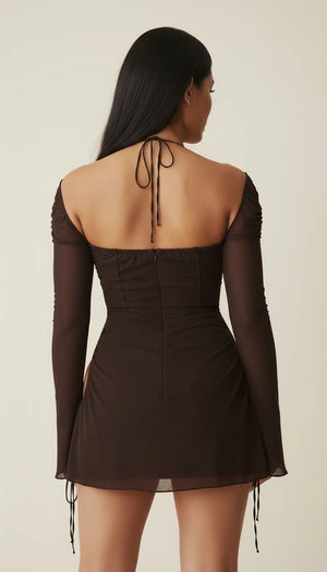 Robe Courte Bustier Chocolat Manches Longues - Vue dos