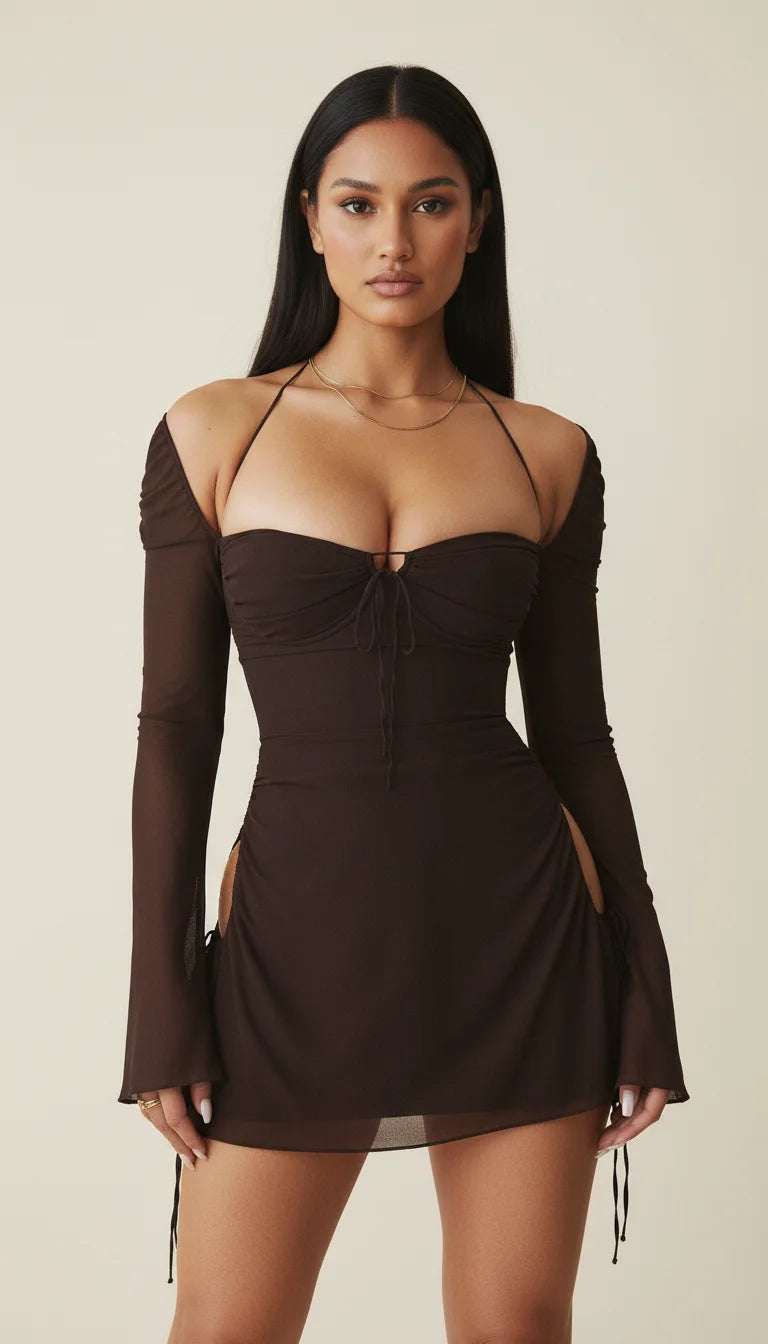 Robe Courte Bustier Chocolat Manches Longues