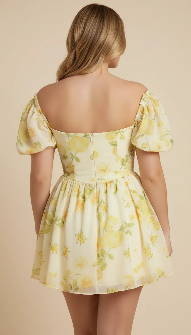 Robe Courte Corsetée Jaune Fleurie - Vue dos