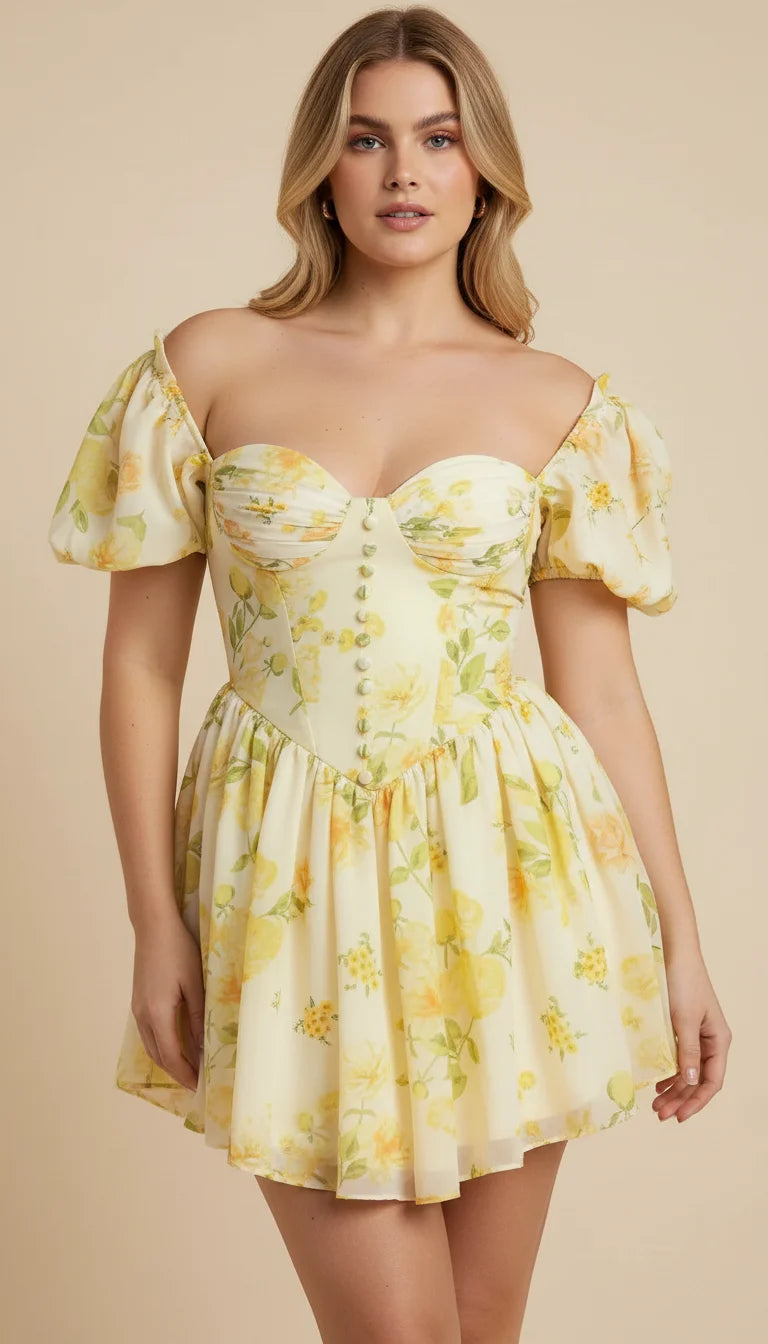 Robe Courte Corsetée Jaune Fleurie