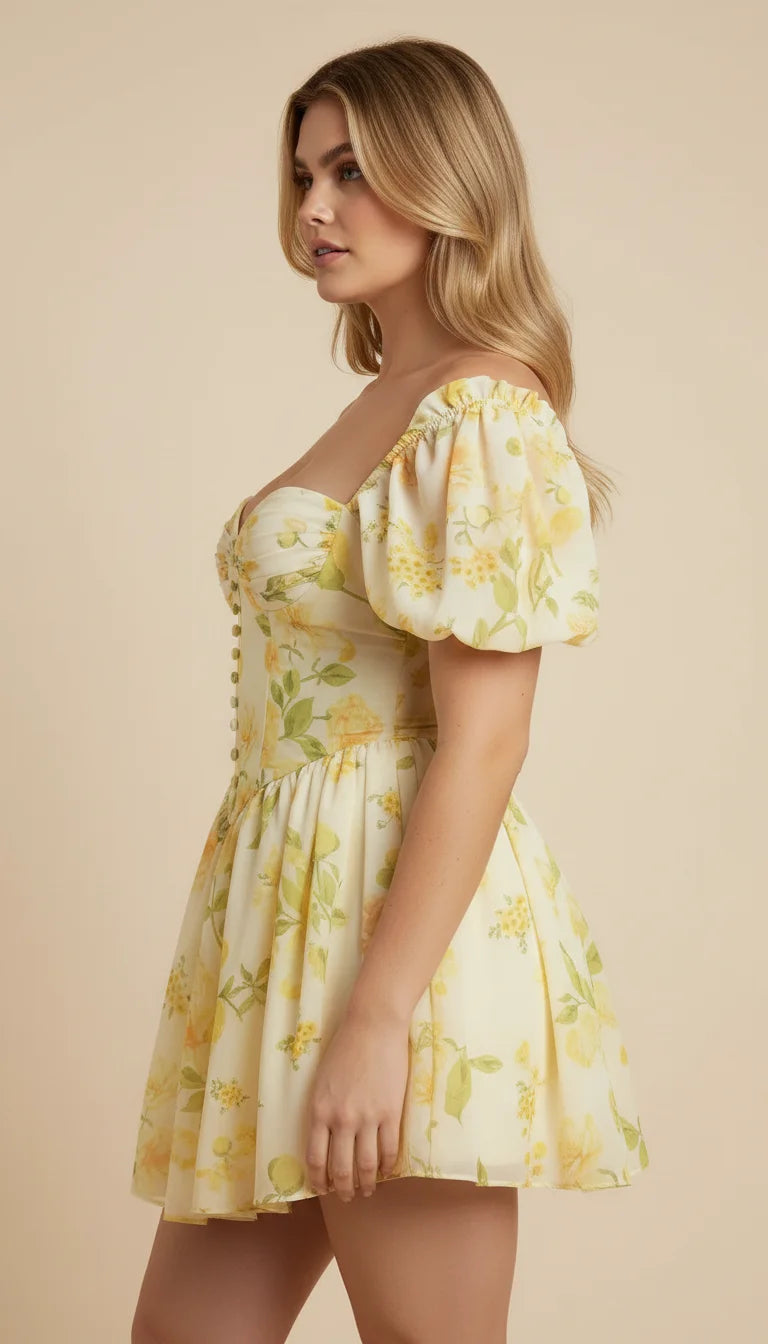 Robe Courte Corsetée Jaune Fleurie - Vue profil