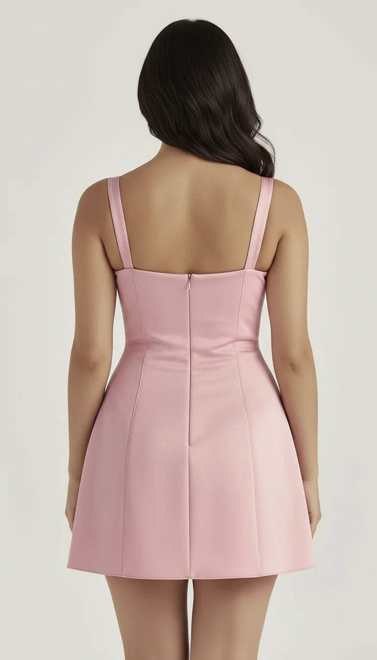 Robe Courte Satinée Buste Plissé Rose Poudré - Vue dos