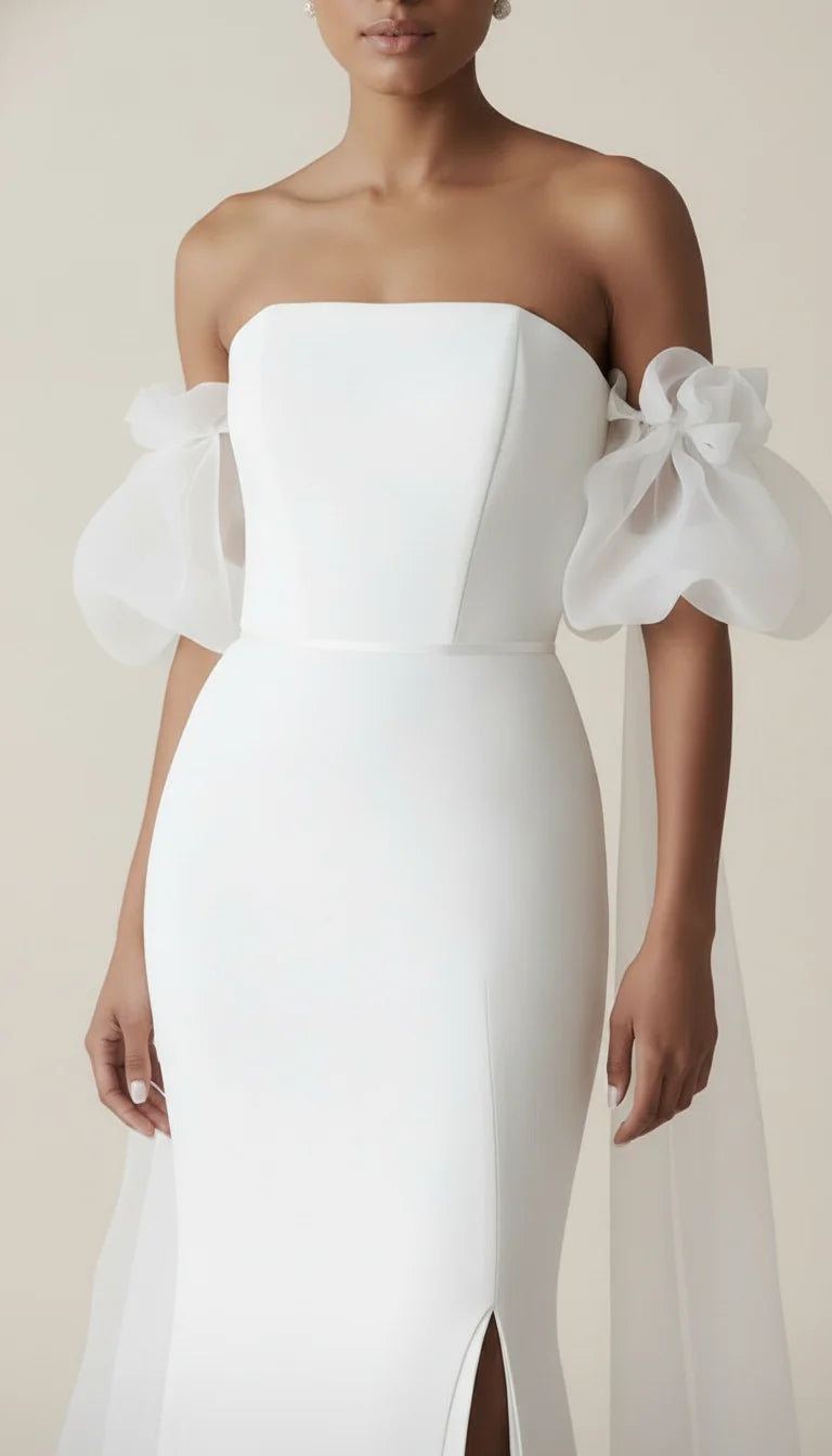 Robe de Mariée Épaules Dénudées Organza Blanc Pur - Vue face