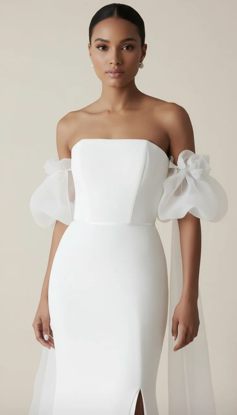 Robe de Mariée Épaules Dénudées Organza Blanc Pur - Vue principale