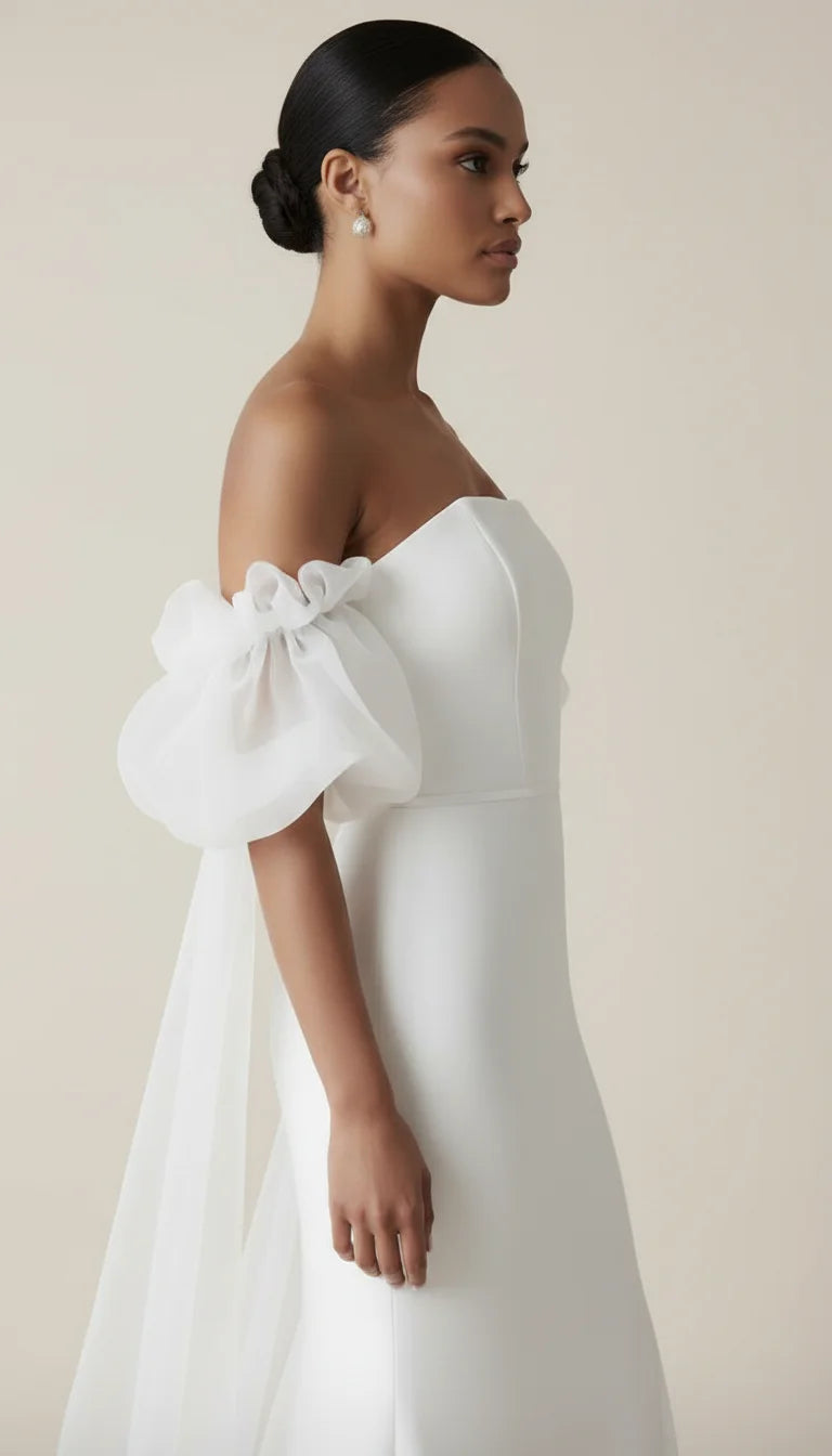 Robe de Mariée Épaules Dénudées Organza Blanc Pur - Vue profil