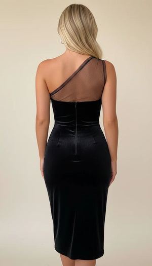 Robe Fourreau Asymétrique Velours Noir Scintillant - Vue dos