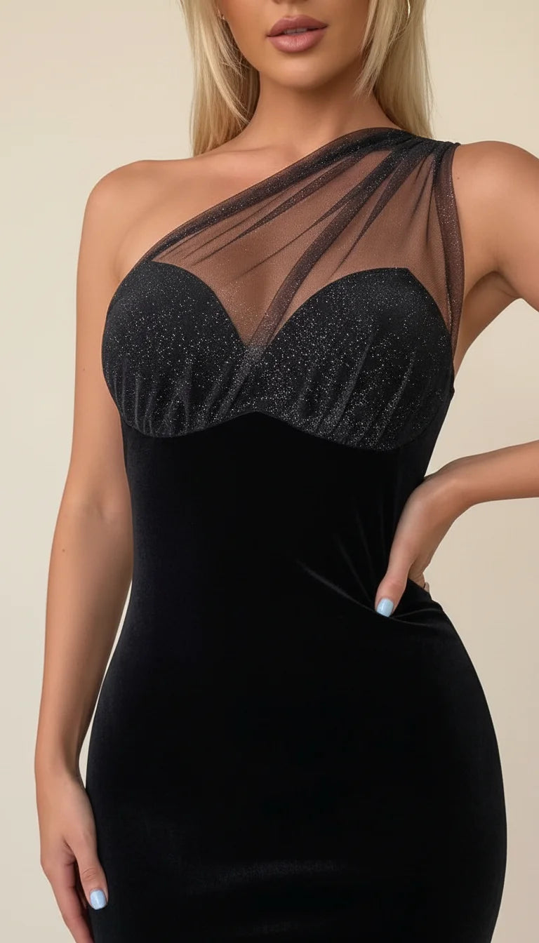 Robe Fourreau Asymétrique Velours Noir Scintillant - Vue face