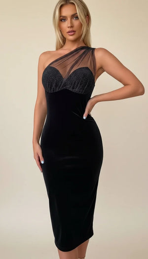 Robe Fourreau Asymétrique Velours Noir Scintillant - Vue principale