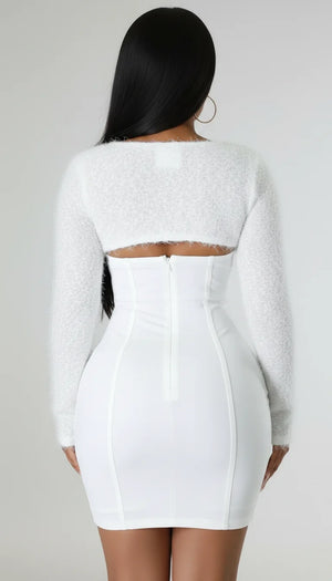 Robe Fourreau Blanche Manches Peluches - Vue dos