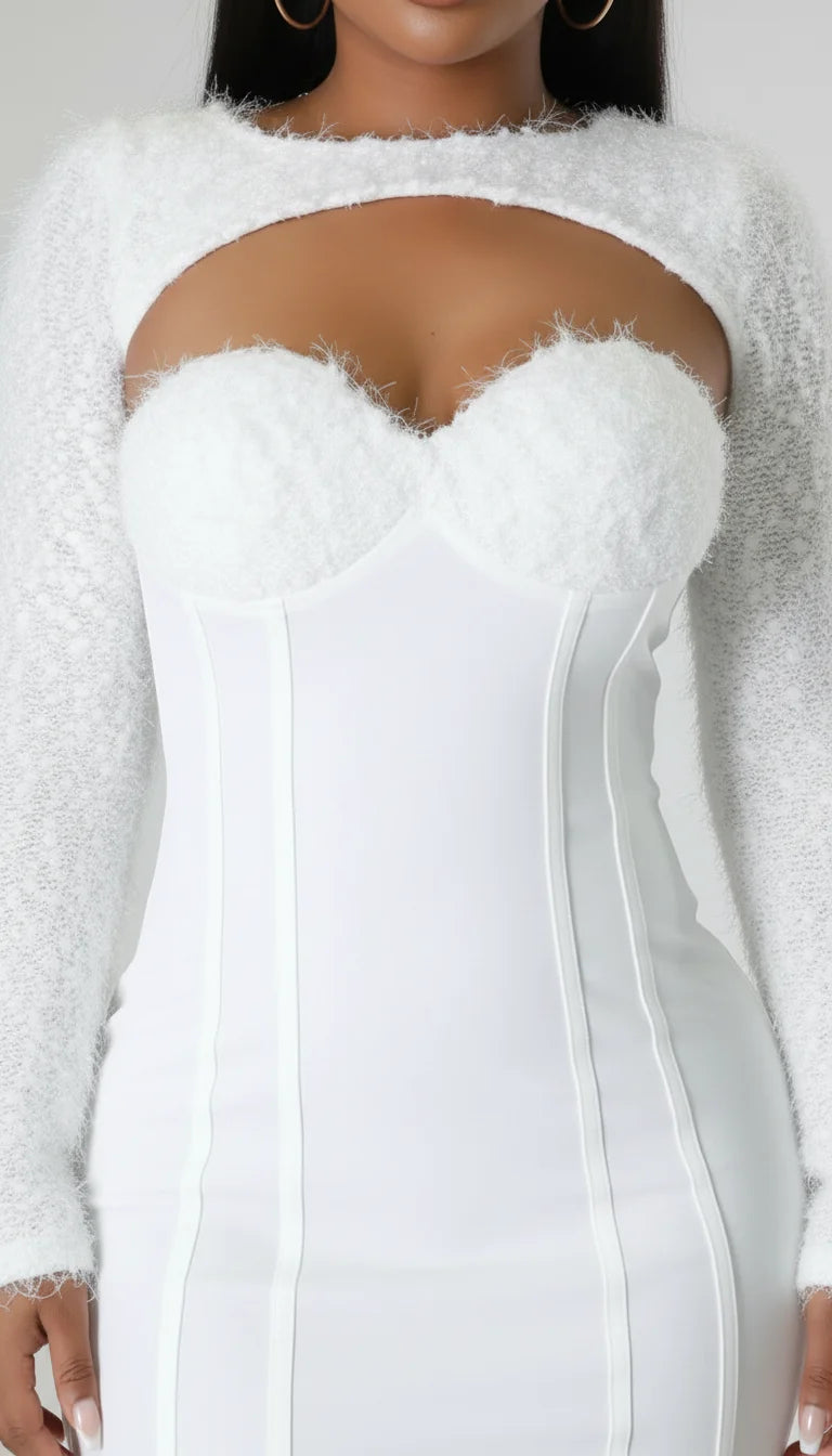 Robe Fourreau Blanche Manches Peluches - Vue face
