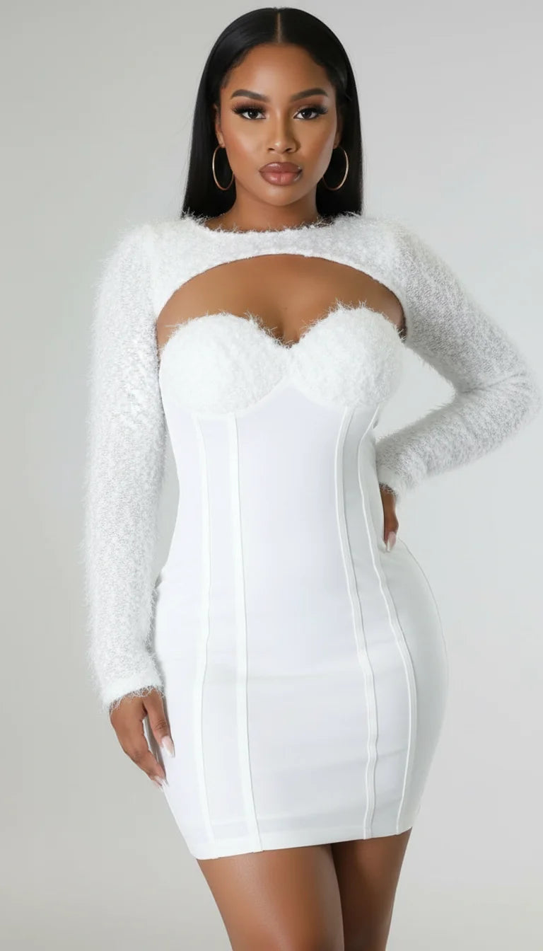 Robe Fourreau Blanche Manches Peluches - Vue principale