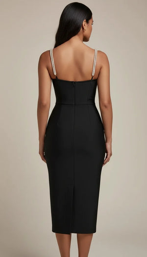Robe Fourreau Bretelles Perles Noire - Vue dos
