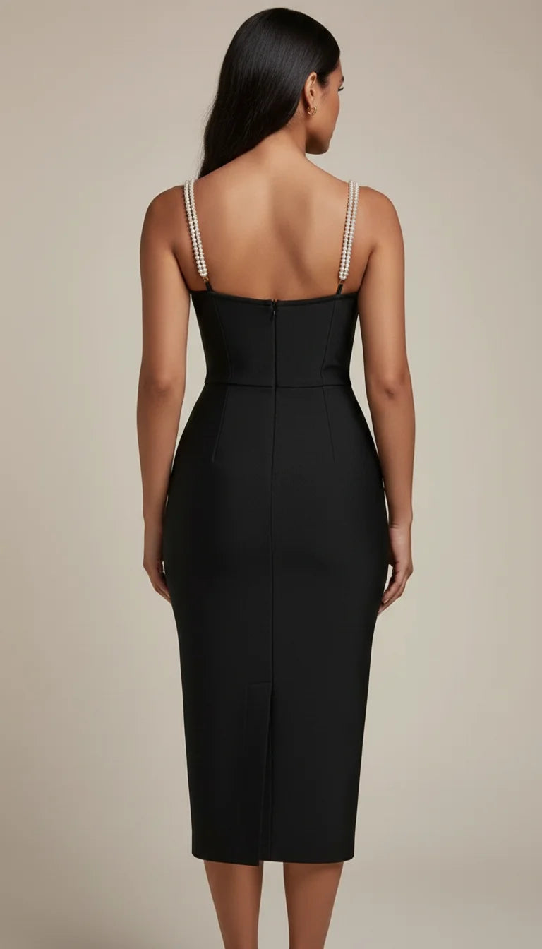 Robe Fourreau Bretelles Perles Noire - Vue dos