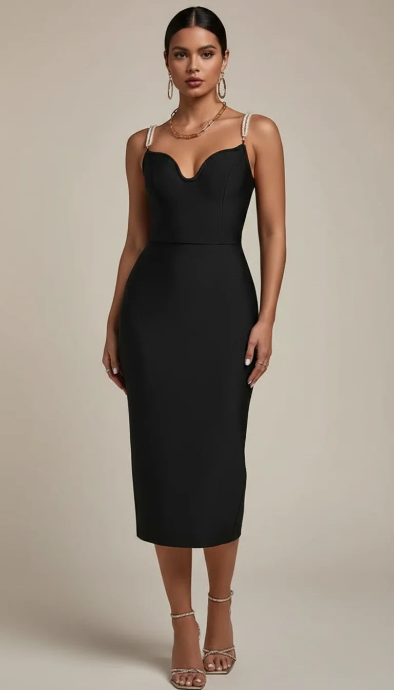 Robe Fourreau Bretelles Perles Noire - Vue principale