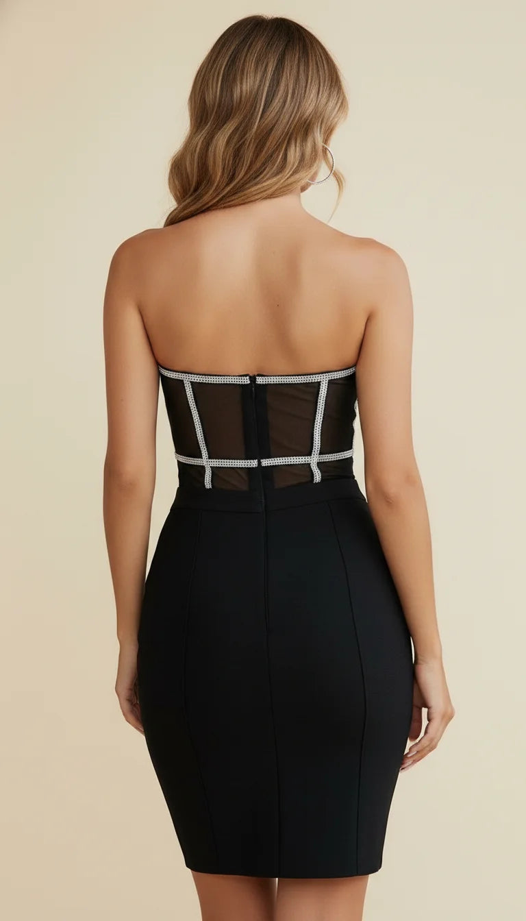 Robe Fourreau Bustier Maille Strass Noire - Vue dos