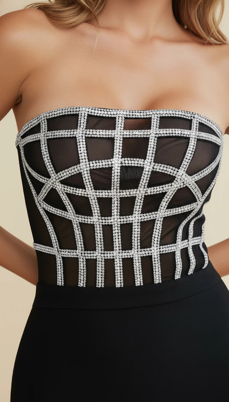 Robe Fourreau Bustier Maille Strass Noire - Vue face