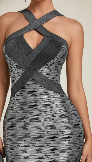 Robe Fourreau Halter Argentée Texturée - Vue face